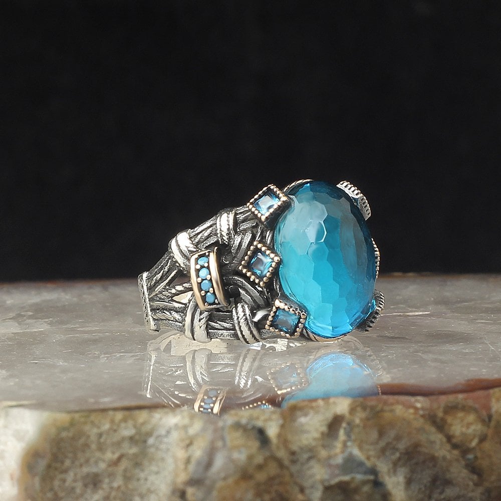 Blue Topaz Taşlı 925 Ayar Gümüş Erkek Yüzük