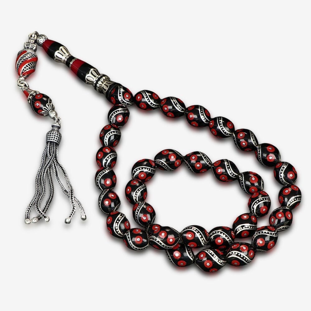 Gümüş Püskül ve Gümüş İşlemeli Erzurum Oltu Taşı Tesbih