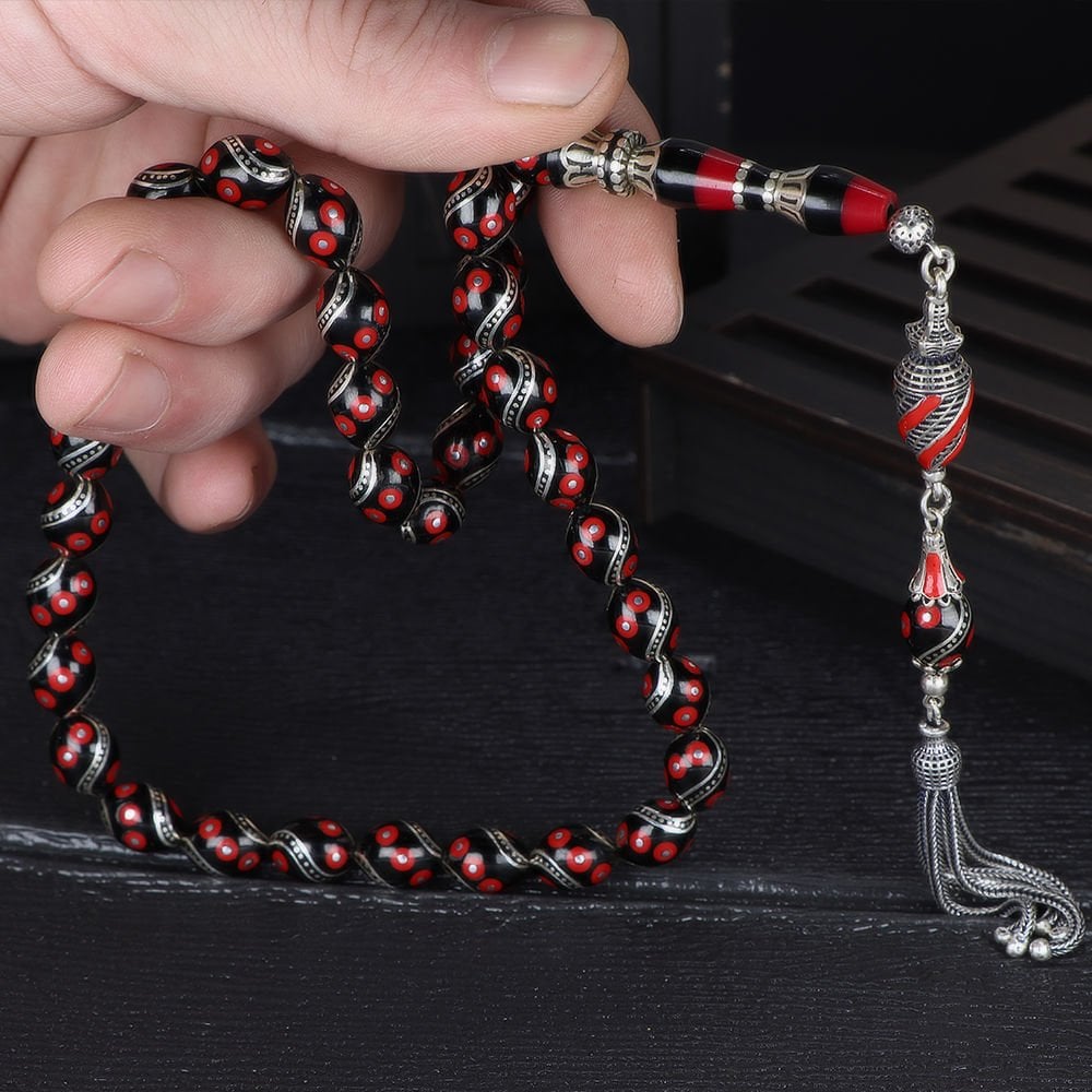 Gümüş Püskül ve Gümüş İşlemeli  Erzurum Oltu Taşı Tesbih