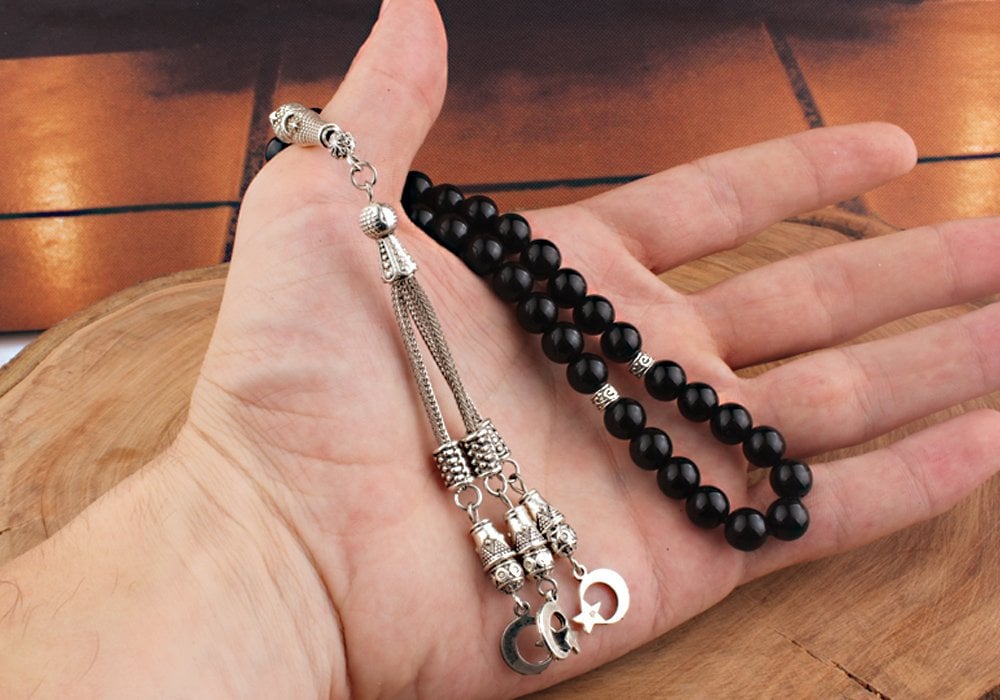 Ayyıldızlı Metal Püsküllü Oniks Taşı Tesbih