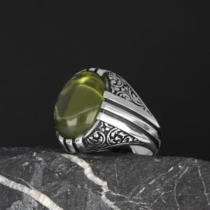 Desenli Model Peridot Taşlı 925 Ayar Erkek Gümüş Yüzük