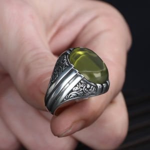 Desenli Model Peridot Taşlı 925 Ayar Erkek Gümüş Yüzük