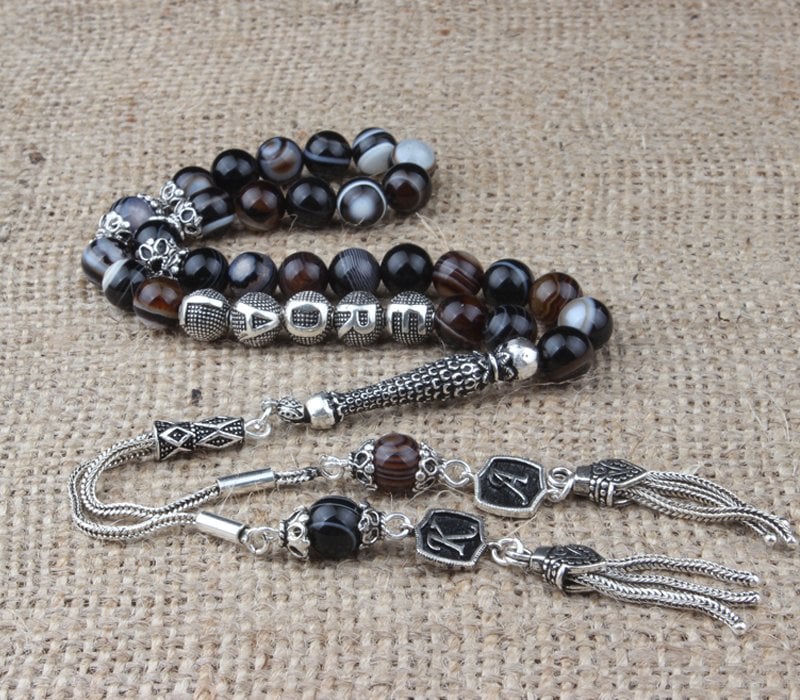 Gümüş İsim Yazılı Gümüş Püsküllü Akik Tesbih