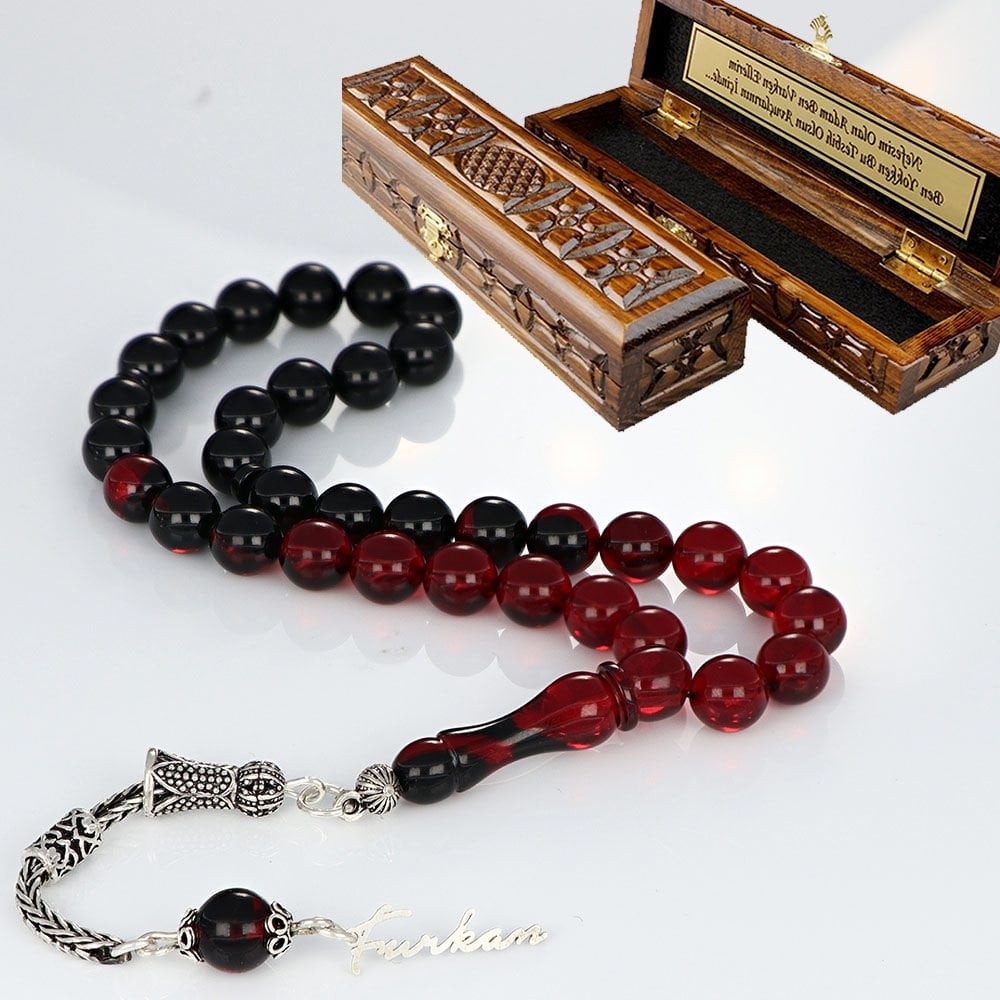 Kişiye Özel Gümüş İsim Yazılı Kutulu Ateş Kehribar Tesbih