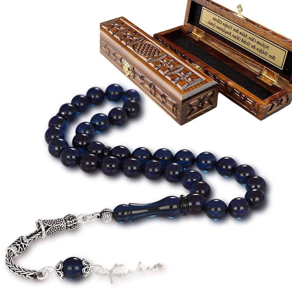 Kişiye Özel Gümüş İsim Yazılı Kutulu Sıkma Kehribar Tesbih