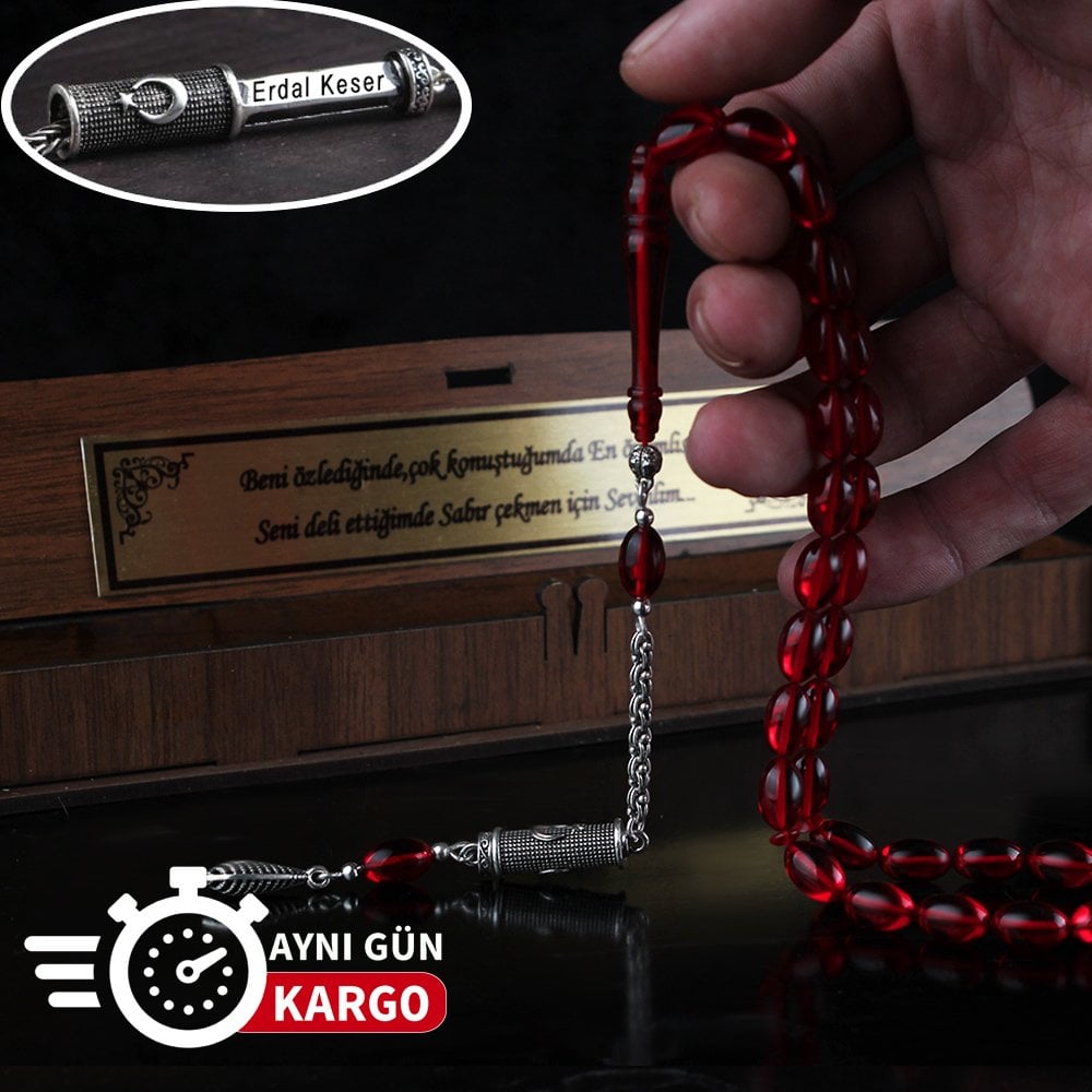 Gizli İsim Yazılı Ahşap Kutulu Kehribar Tesbih