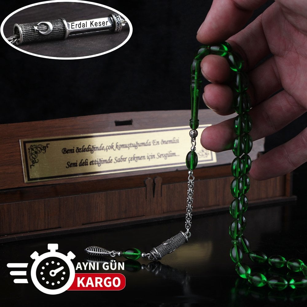 Gizli İsim Yazılı Ahşap Kutulu Kehribar Tesbih