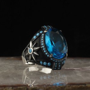 Blue Topaz Taşlı 925 Ayar Gümüş Erkek Yüzük