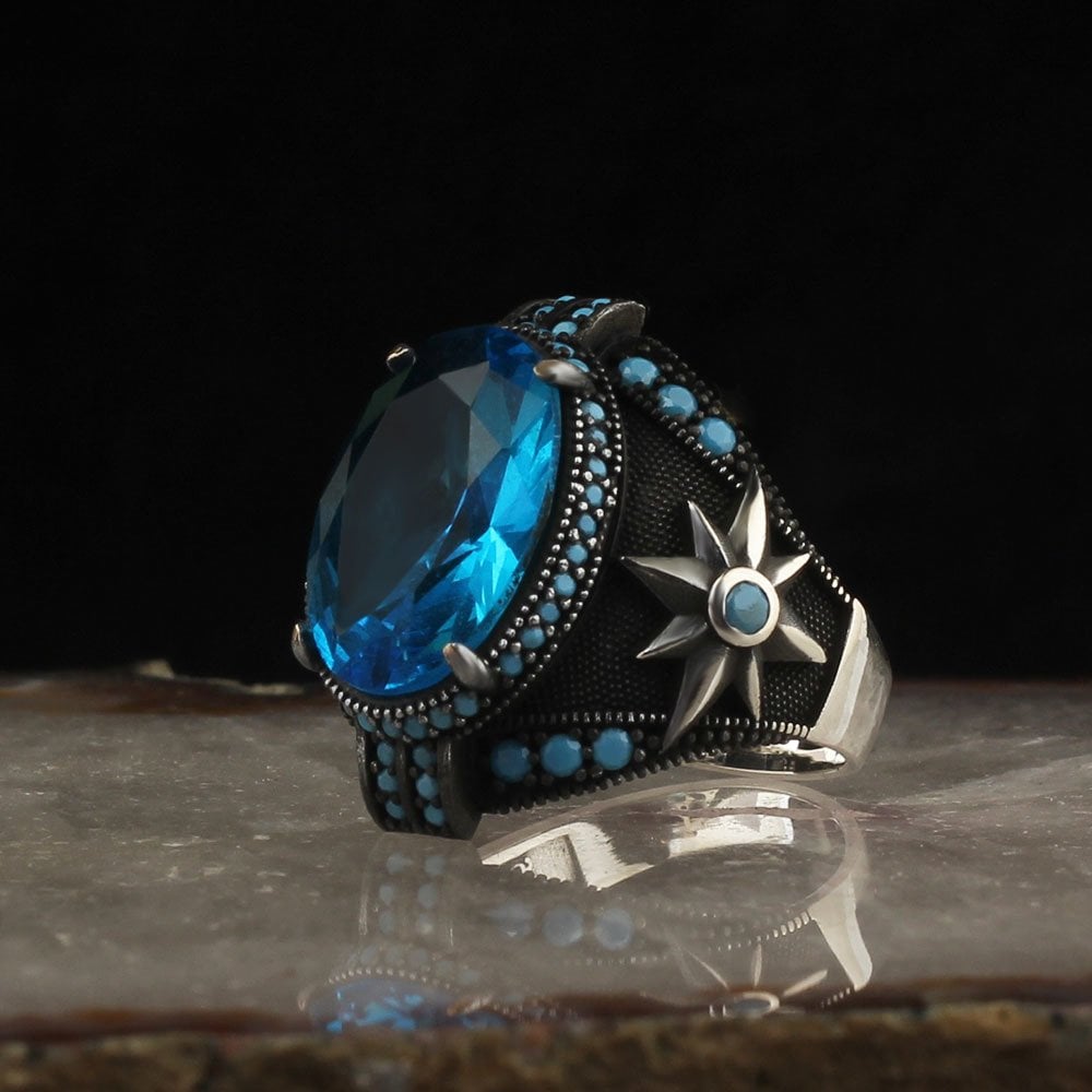 Blue Topaz Taşlı 925 Ayar Gümüş Erkek Yüzük