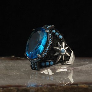 Blue Topaz Taşlı 925 Ayar Gümüş Erkek Yüzük