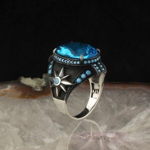 Blue Topaz Taşlı 925 Ayar Gümüş Erkek Yüzük