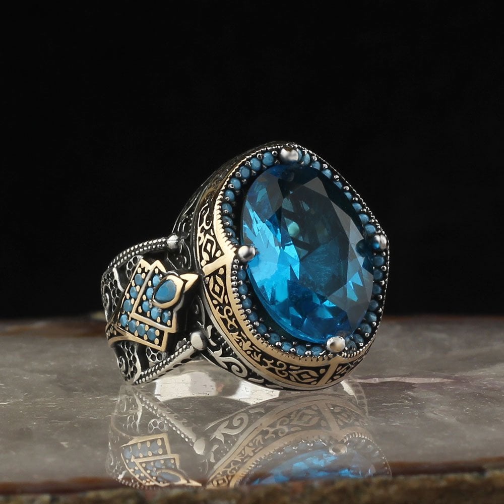 Blue Topaz Taşlı 925 Ayar Gümüş Erkek Yüzük