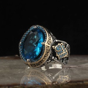 Blue Topaz Taşlı 925 Ayar Gümüş Erkek Yüzük