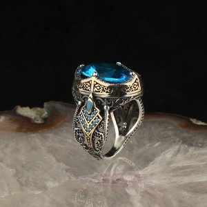 Blue Topaz Taşlı 925 Ayar Gümüş Erkek Yüzük