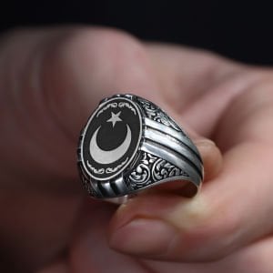 Ayyıldız Simgeli Desenli Gümüş Yüzük