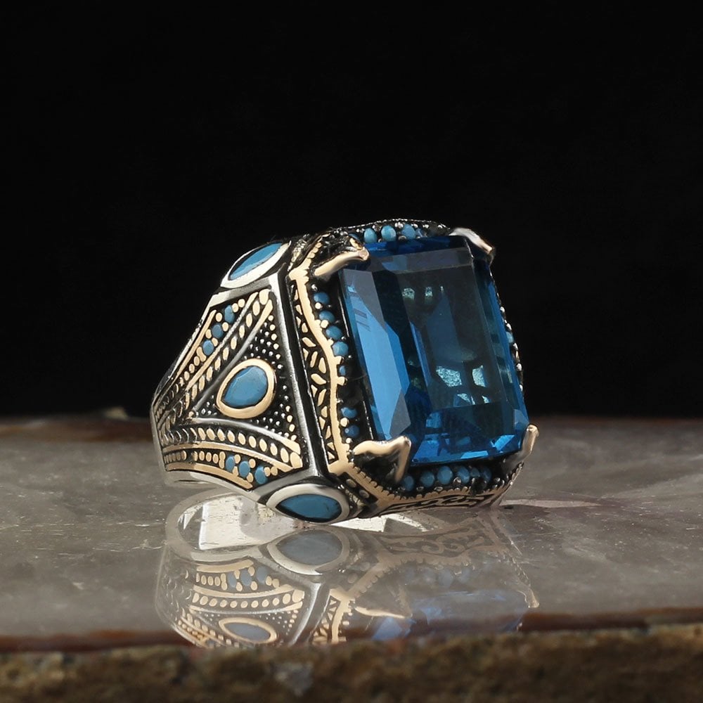Blue Topaz Taşlı Desenli 925 Ayar Gümüş Erkek Yüzük