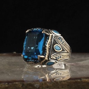 Blue Topaz Taşlı Desenli 925 Ayar Gümüş Erkek Yüzük