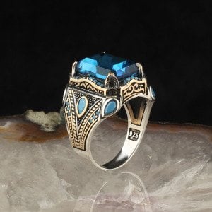 Blue Topaz Taşlı Desenli 925 Ayar Gümüş Erkek Yüzük
