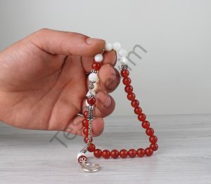 925 Ayar Gümüş Püsküllü Sedef ve Akik Taşlı Tesbih
