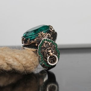 Aslan Simgeli Paraiba Taşlı Gümüş Erkek Yüzük