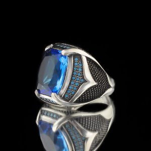 Blue Topaz Taşlı 925 Ayar Gümüş Erkek Yüzük