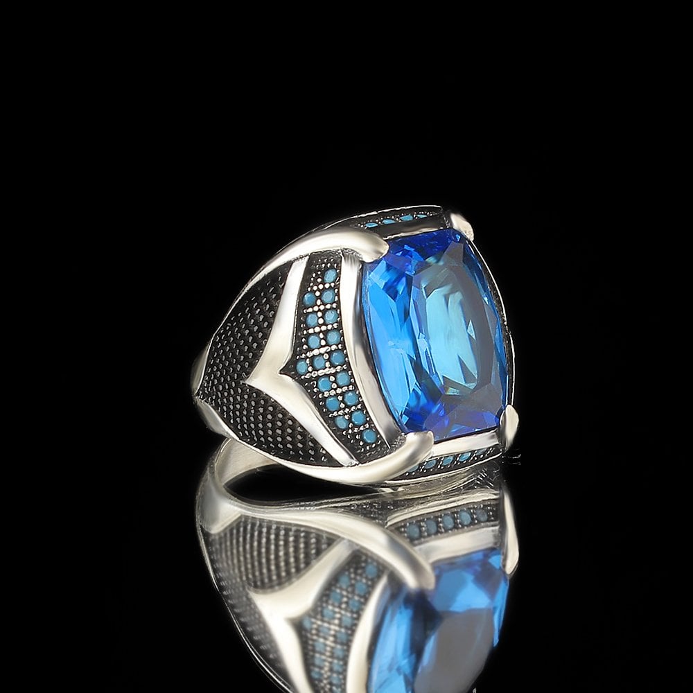 Blue Topaz Taşlı 925 Ayar Gümüş Erkek Yüzük