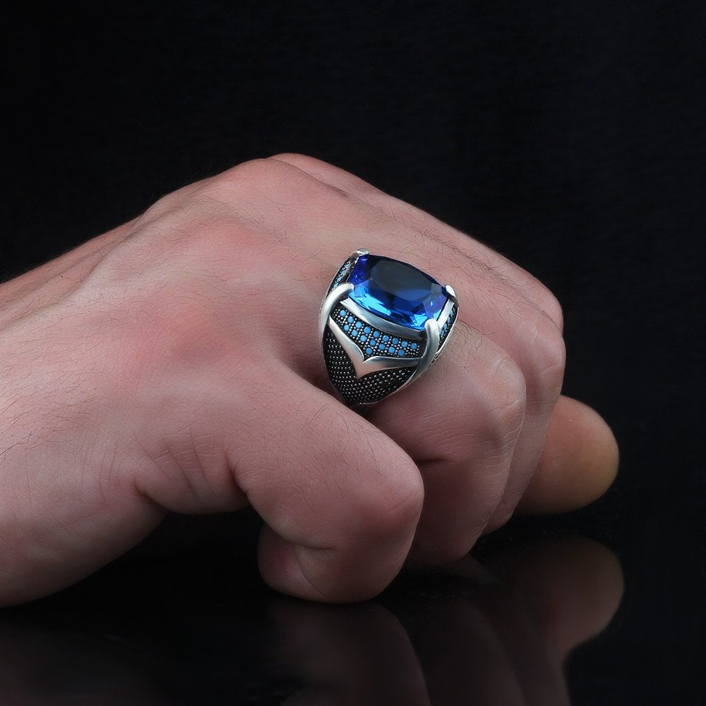 Blue Topaz Taşlı 925 Ayar Gümüş Erkek Yüzük