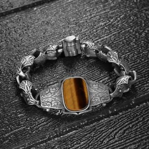 Kalem İşlemeli Kaplangözü Taşlı Model 925 Ayar Erkek Gümüş  Bileklik