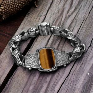 Kalem İşlemeli Kaplangözü Taşlı Model 925 Ayar Erkek Gümüş  Bileklik