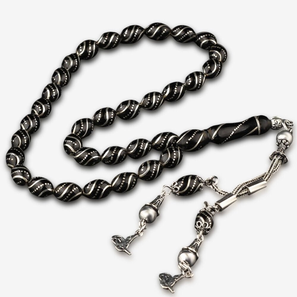 Gümüş Püsküllü Çeşn'i Bülbül İşlemeli Erzurum Oltu Taşı Tesbih