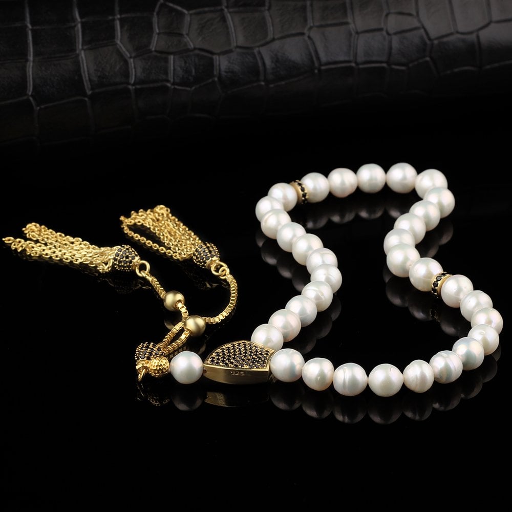 Zirkon Taşlı Tasarım Gümüş Püsküllü İnci Tesbih