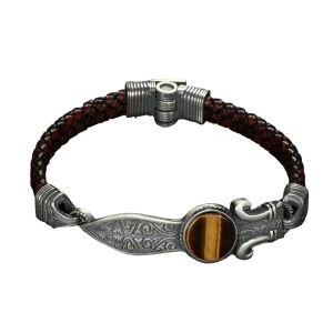 Kalem İşlemeli Kılıçlı Model Kaplangözü Taşlı 925 Ayar Gümüş Erkek Deri Bileklik