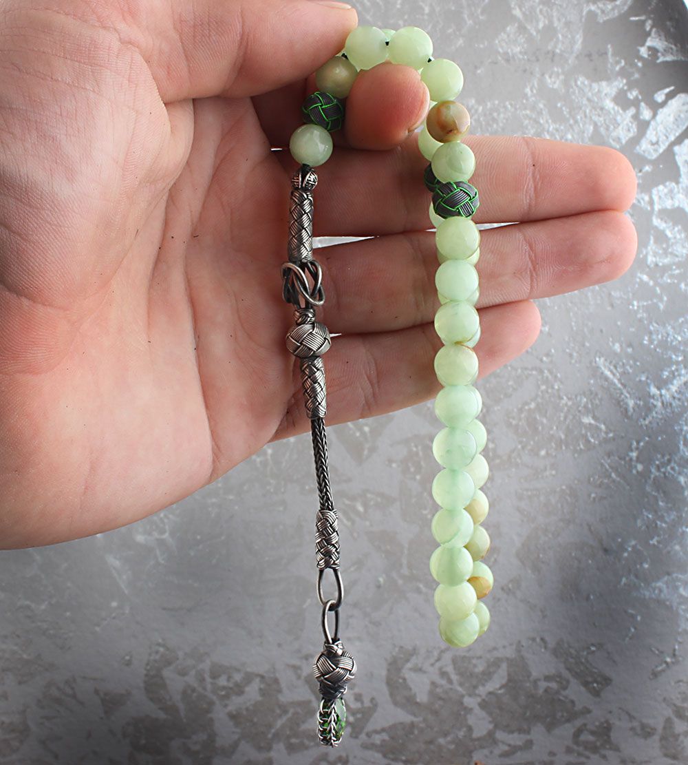 Gümüş Kazaz Püsküllü Yeşim Taşı Tesbih