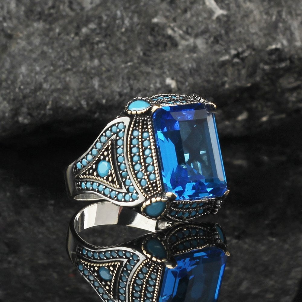 Mavi Topaz Taşlı 925 Ayar Gümüş Erkek Yüzük