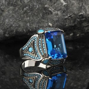 Mavi Topaz Taşlı 925 Ayar Gümüş Erkek Yüzük