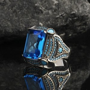 Mavi Topaz Taşlı 925 Ayar Gümüş Erkek Yüzük