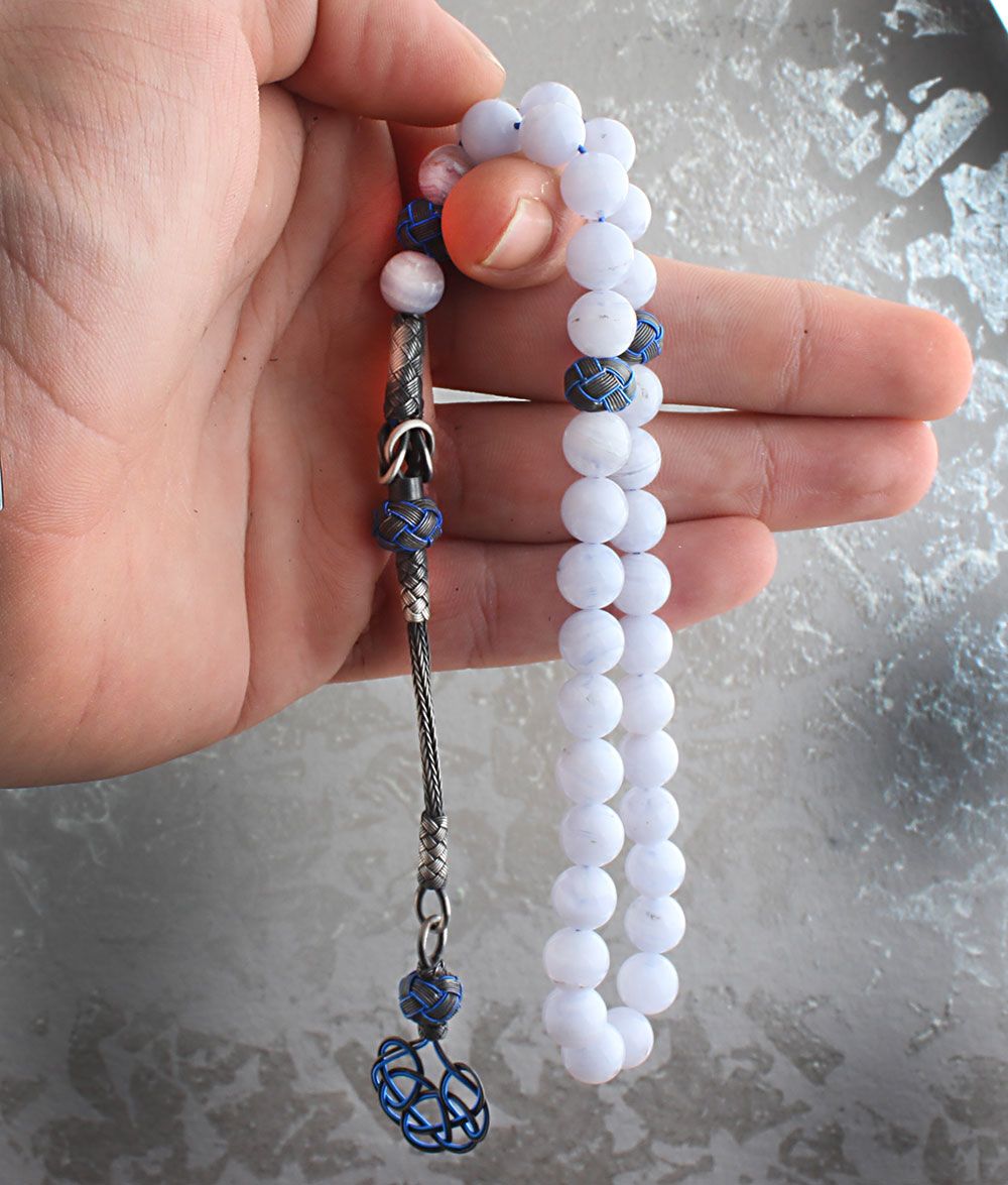 Gümüş Kazaz Püsküllü Kalsedon Taşı Tesbih