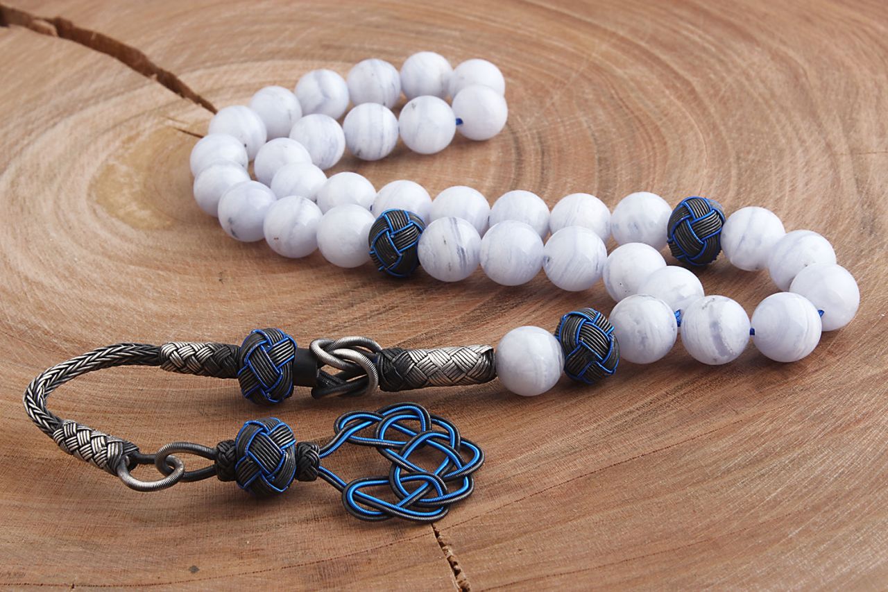 Gümüş Kazaz Püsküllü Kalsedon Taşı Tesbih