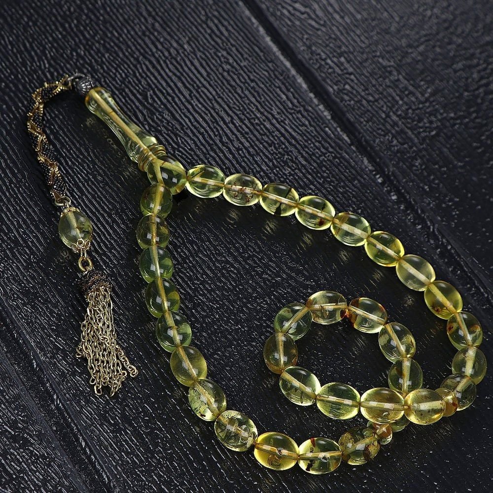 Altın Kaplama Gümüş Püsküllü Damla Kehribar Tesbih