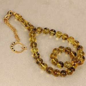 Altın Kaplama Gümüş Püsküllü Fosilli Damla Kehribar Tesbih