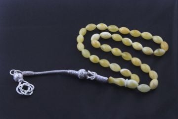 Damla Kehribar Tesbih 1000 Ayar Gümüş Kazaz Püsküllü