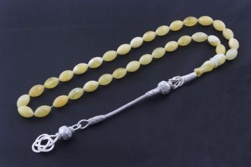 Damla Kehribar Tesbih 1000 Ayar Gümüş Kazaz Püsküllü