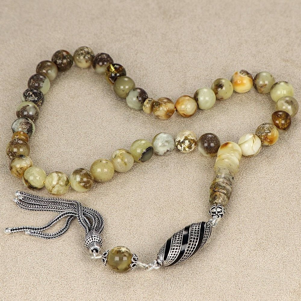 Gümüş Püsküllü Fosilli Damla Kehribar Tesbih