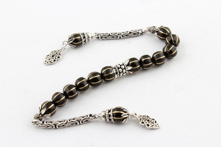 Oltu Sarı Karpuz Dilimi İşlemeli Zaza Tesbih 925 Ayar Püsküllü