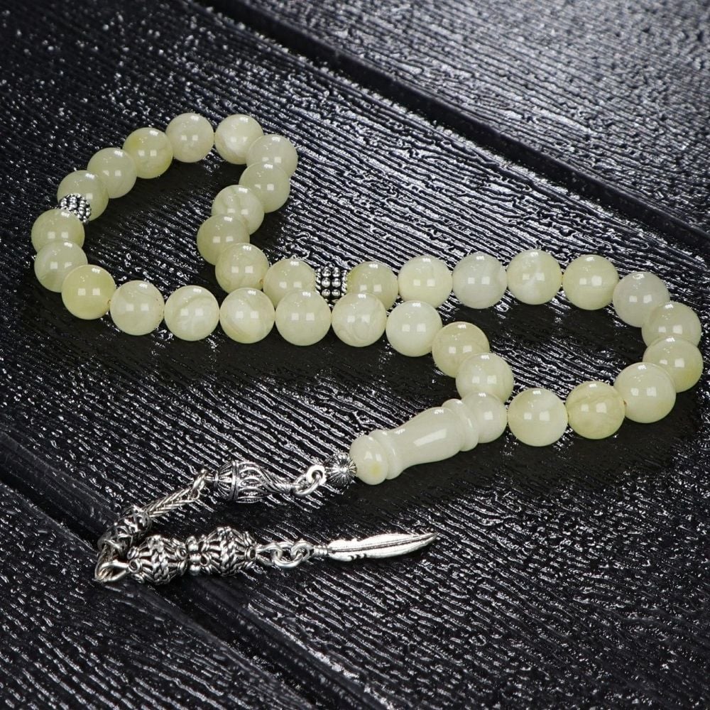 Gümüş Püsküllü Doğal Damla Kehribar Tesbih