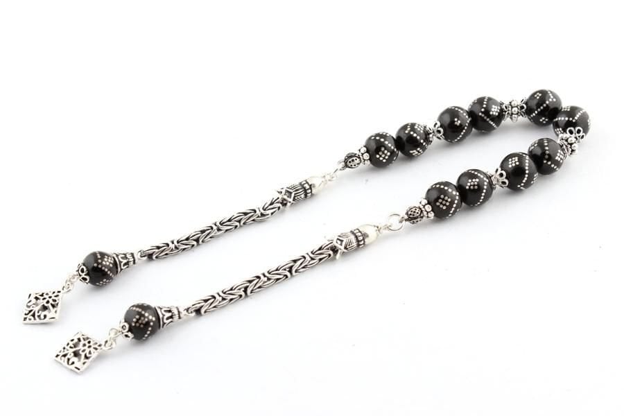 Oltu Gümüş İşlemeli Zaza Tesbih 925 Ayar Gümüş Püsküllü