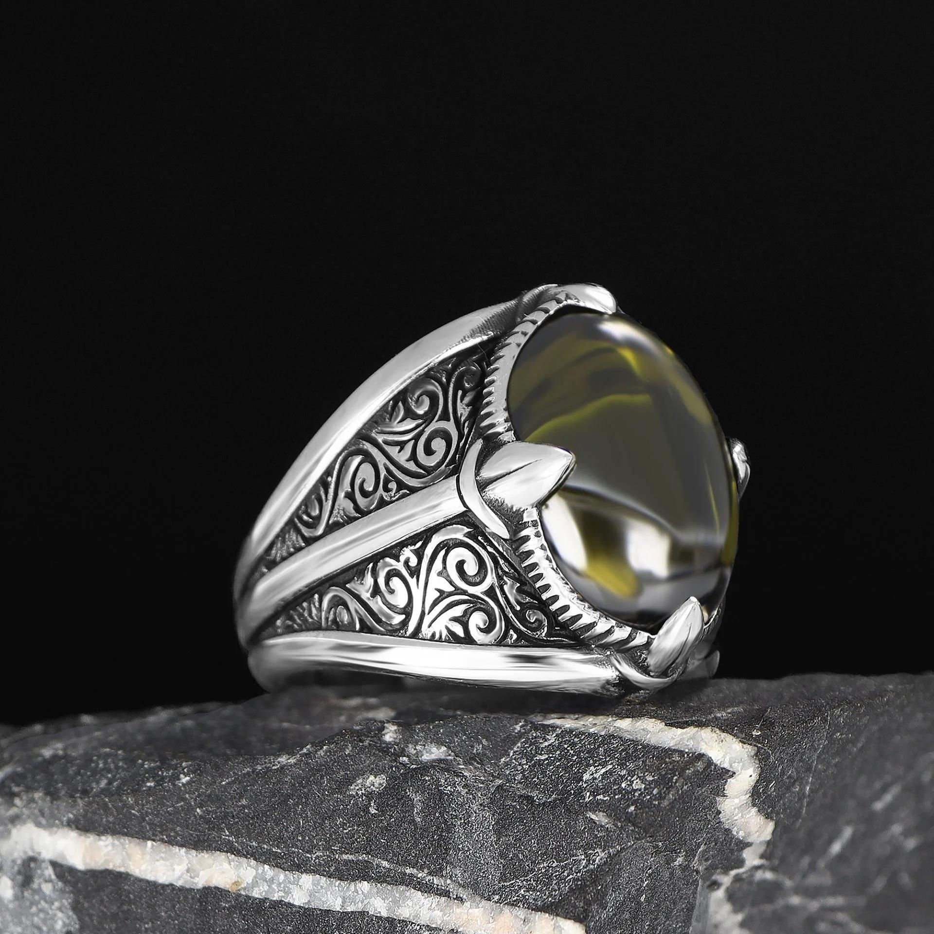 Peridot Taşlı 925 Ayar Erkek Gümüş Yüzük