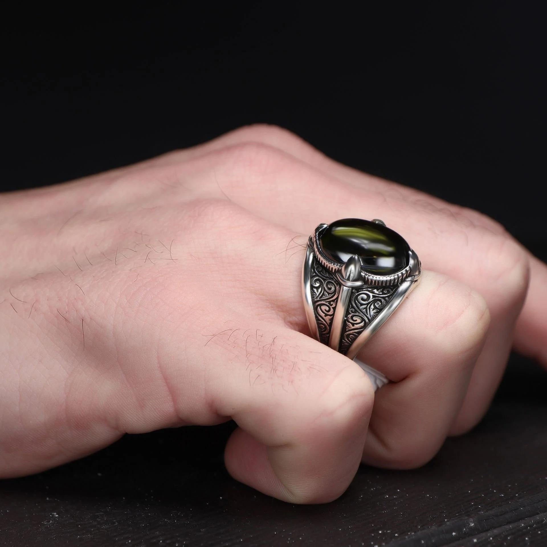 Peridot Taşlı 925 Ayar Erkek Gümüş Yüzük