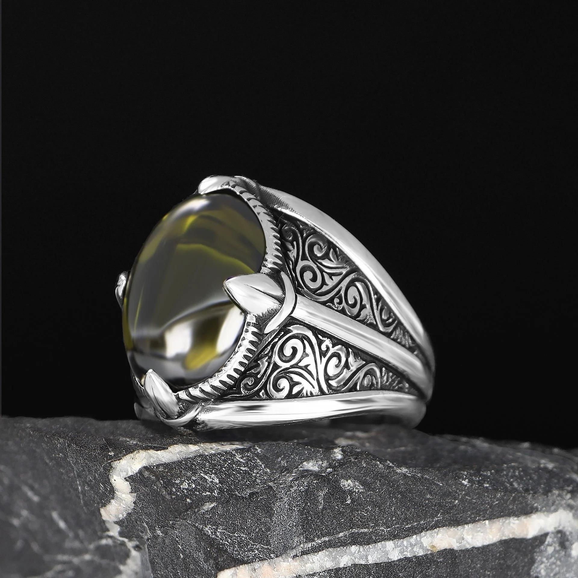 Peridot Taşlı 925 Ayar Erkek Gümüş Yüzük