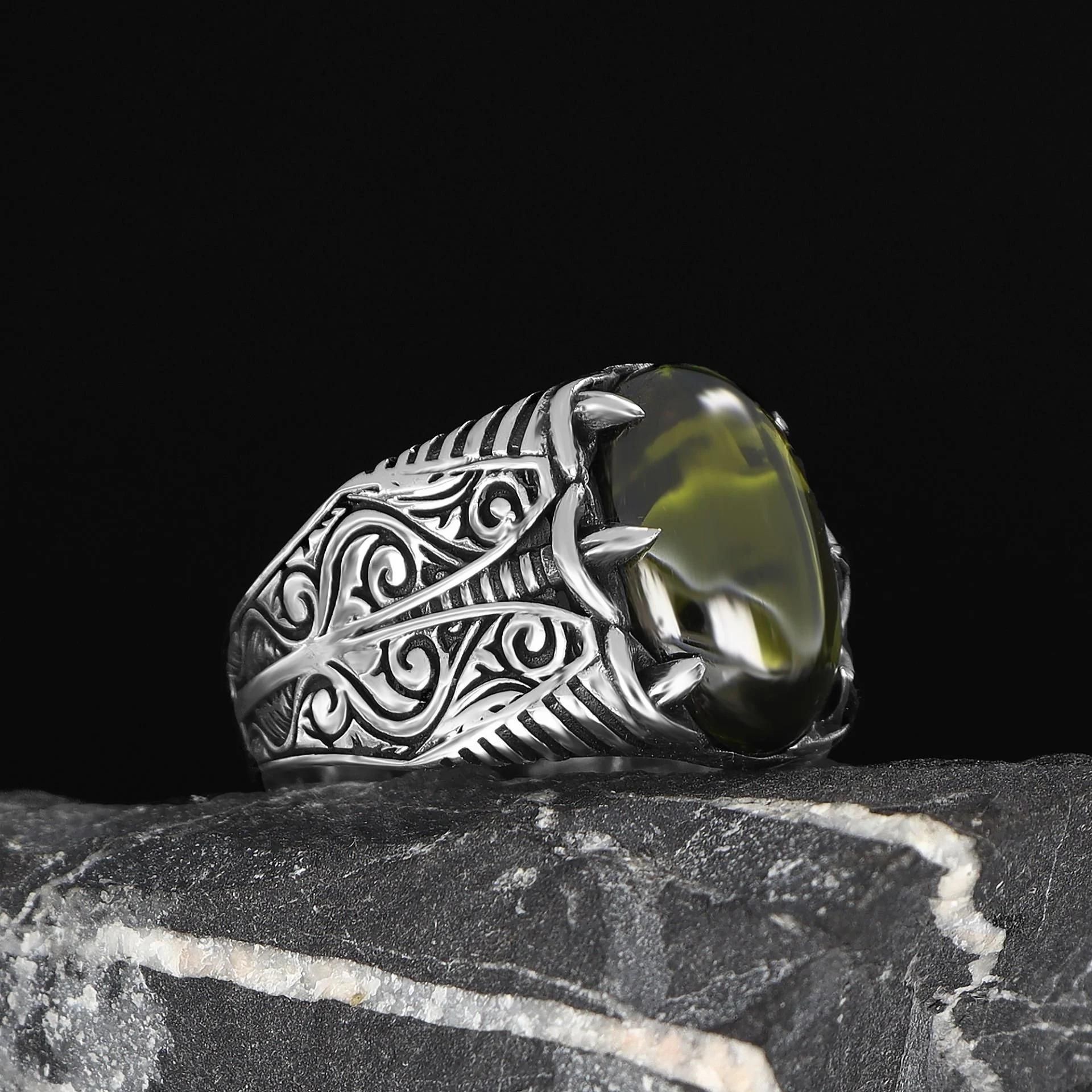 Peridot Taşlı 925 Ayar Erkek Gümüş Yüzük